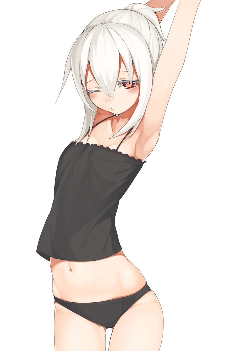 1girl armpits arms_up black_panties camisole cowboy_shot looking_at_viewer navel one_eye_closed original outstretched_arms panties red_eyes seramikku short_hair sidelocks silver_hair simple_background solo stretch underwear