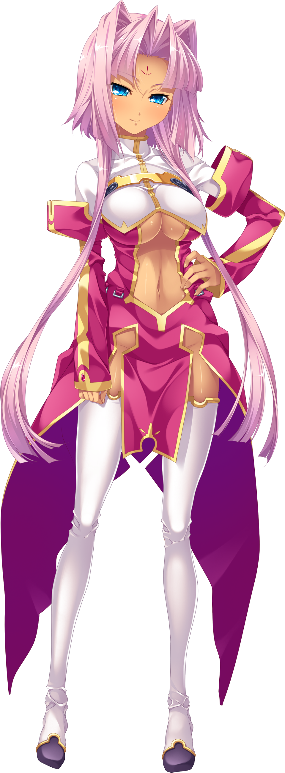 1girl absurdres aqua_eyes blue_eyes blush breasts center_opening cleavage dark_skin detached_sleeves dress facial_mark forehead_mark full_body hair_intakes hand_on_hip highres hikage_eiji koihime_musou light_smile long_hair long_sleeves looking_at_viewer navel no_panties pink_hair simple_background sleeves_past_wrists solo sonken tan thigh-highs under_boob white_background white_legwear