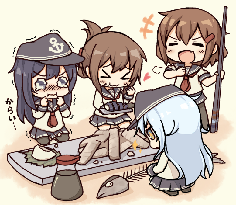 &gt;_&lt; +++ 4girls :d akatsuki_(kantai_collection) anchor_symbol black_hair black_legwear black_skirt brown_hair closed_eyes commentary_request eating fang fish flat_cap folded_ponytail hair_ornament hairclip hat heart hibiki_(kantai_collection) ikazuchi_(kantai_collection) inazuma_(kantai_collection) kantai_collection kata_meguma long_hair multiple_girls neckerchief open_mouth pantyhose pleated_skirt ponytail school_uniform serafuku short_hair silver_hair skirt smile tears watery_eyes