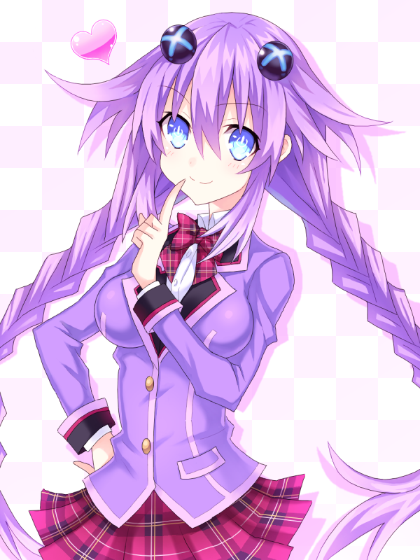 1girl blue_eyes braid breasts choujigen_game_neptune hair_ornament heart hinano jacket long_hair long_sleeves looking_at_viewer neptune_(choujigen_game_neptune) neptune_(series) plaid plaid_skirt purple_hair purple_heart ribbon school_uniform skirt symbol-shaped_pupils twin_braids very_long_hair