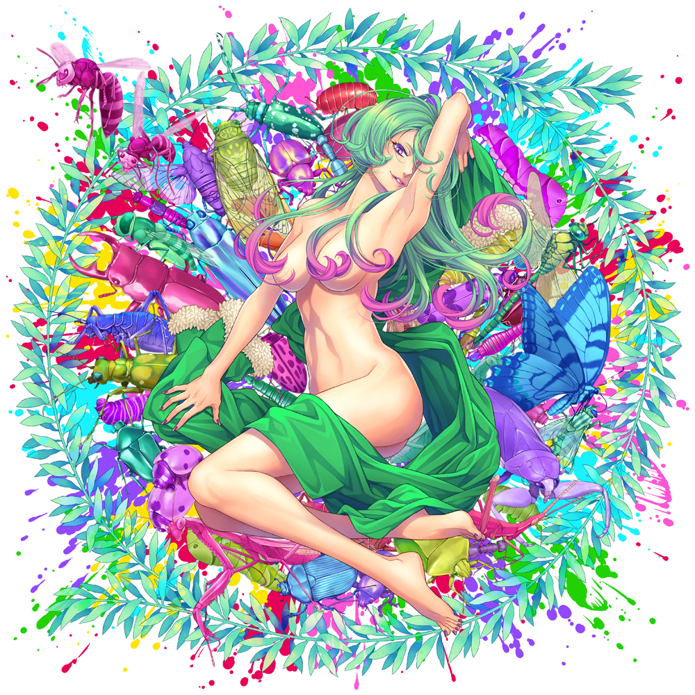 1girl arm_behind_head barefoot bee beetle breasts butterfly caterpillar dragonfly green_hair hair_over_breasts ladybug legs lips long_hair multicolored_hair nail_polish nude original purple_hair smile solo toenail_polish two-tone_hair violet_eyes white_background