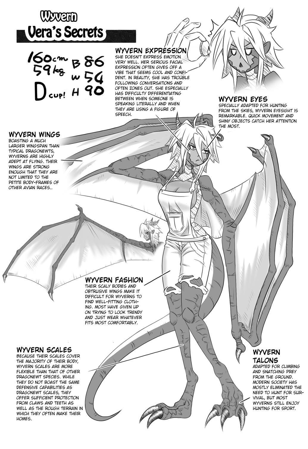 1girl artist_request breasts character_profile claws coin dark_skin dragon_girl dragon_horns dragon_tail dragon_wings drawfag english highres horns monochrome monster_girl monster_musume_no_iru_nichijou scales solo tail wings wyvern wyvern_(monster_musume)
