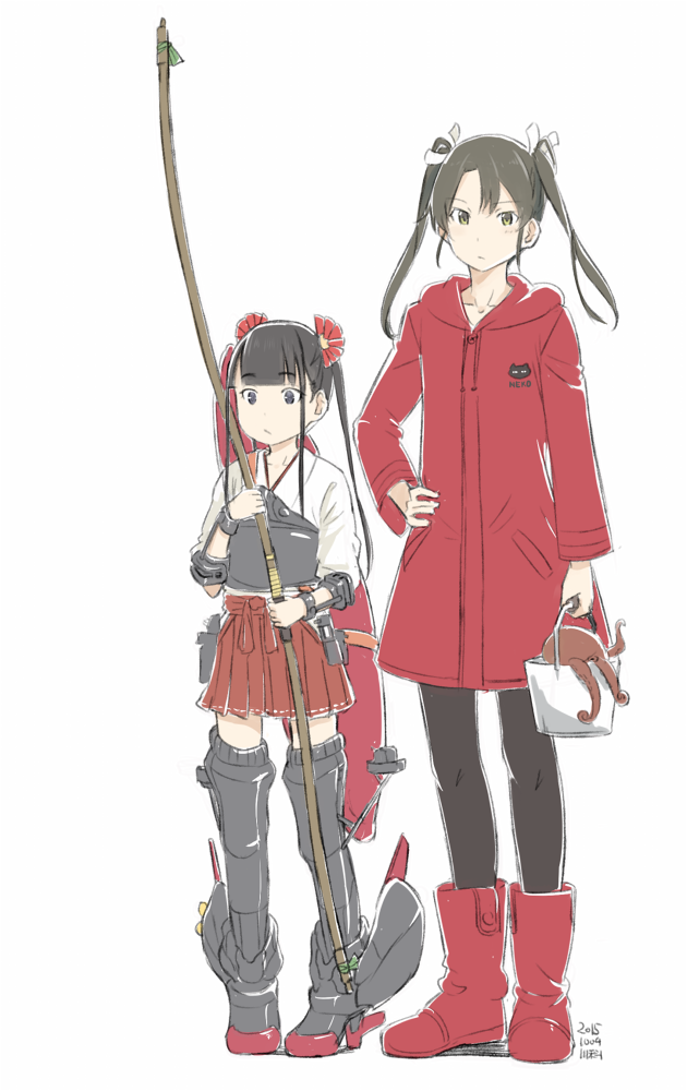 2girls aoki_hagane_no_arpeggio black_hair bow_(weapon) bucket cosplay costume_switch crossover hair_ribbon height_difference japanese_clothes kantai_collection kawashina_(momen_silicon) long_hair multiple_girls muneate namesake octopus raincoat ribbon twintails weapon zuikaku_(aoki_hagane_no_arpeggio) zuikaku_(kantai_collection)