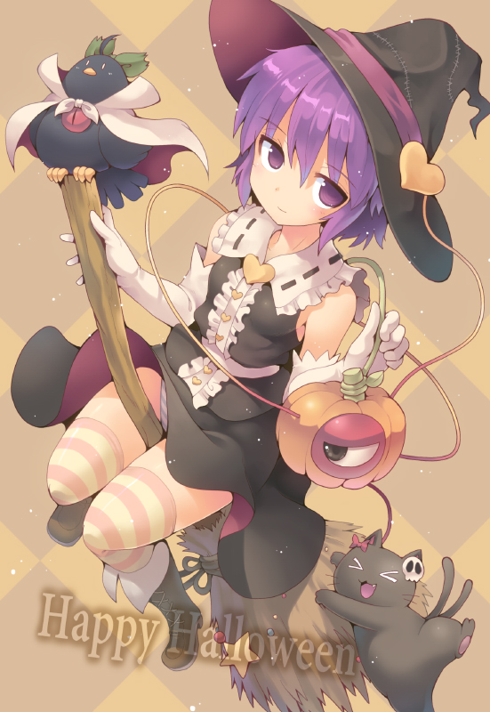 &gt;_&lt; 1girl :d bare_shoulders boots broom broom_riding cape closed_eyes costume elbow_gloves fang gloves halloween happy_halloween hat heart kaenbyou_rin kaenbyou_rin_(cat) knees_together_feet_apart komeiji_satori kurogarasu light_smile looking_at_viewer multiple_tails open_mouth panties pantyshot pantyshot_(sitting) purple_hair reiuji_utsuho reiuji_utsuho_(bird) sitting smile striped striped_legwear striped_panties tail third_eye touhou two_tails underwear violet_eyes white_gloves witch witch_hat xd |_|