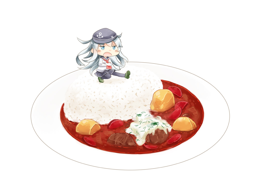 1girl anchor_symbol black_legwear blue_eyes blush_stickers commentary cossack_dance crossed_arms curry curry_rice flat_cap food hat hibiki_(kantai_collection) hinata_yuu horosho in_food kantai_collection long_hair minigirl neckerchief open_mouth outstretched_leg pantyhose rice school_uniform serafuku silver_hair