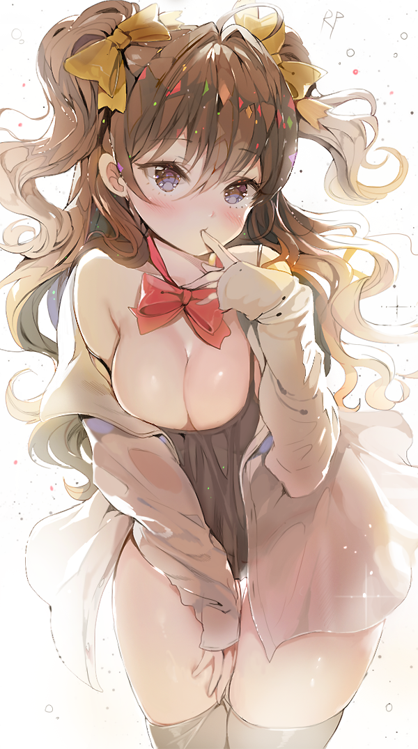 1girl bare_shoulders bent_over blush bow breasts brown_eyes brown_hair cleavage finger_to_mouth grey_legwear hair_bow ichinose_shiki idolmaster idolmaster_cinderella_girls large_breasts long_hair long_sleeves looking_at_viewer naked_shirt no_pants off_shoulder open_clothes open_shirt repi987 shirt solo thigh-highs two_side_up very_long_hair zettai_ryouiki