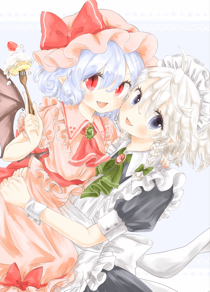 2girls apron ascot bat_wings black_dress blue_hair bow braid brooch cake cheek-to-cheek dress fang food fork fruit grey_eyes hat hat_bow hug izayoi_sakuya jewelry looking_at_viewer maid maid_apron maid_headdress maru_usagi mob_cap multiple_girls open_mouth pink_dress pointy_ears puffy_short_sleeves puffy_sleeves red_eyes remilia_scarlet sash short_sleeves silver_hair slit_pupils smile strawberry touhou traditional_media twin_braids wings wrist_cuffs