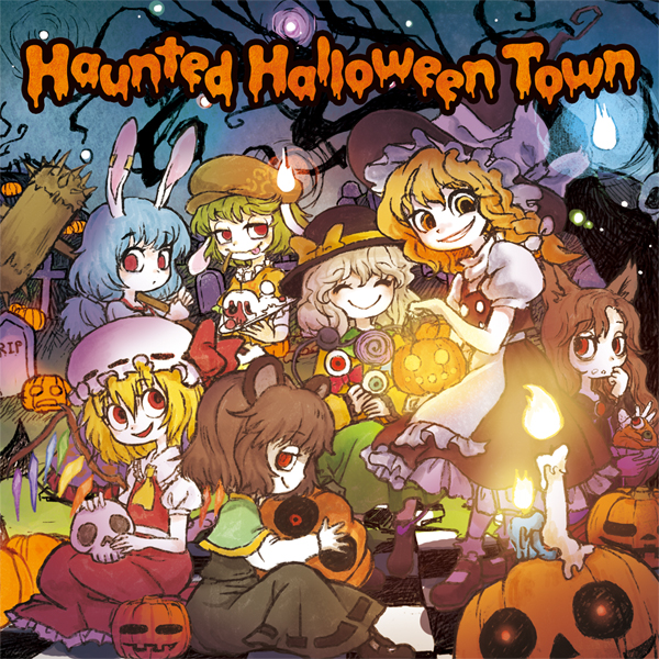 6+girls album_cover animal_ears at_pokky blonde_hair blue_hair boots bow braid brown_hair candle candy capelet closed_eyes cover crystal english eyeball eyes flandre_scarlet food hair_bow hair_ornament halloween hammer hat hat_ribbon imaizumi_kagerou jack-o'-lantern kirisame_marisa komeiji_koishi light lollipop long_hair long_sleeves looking_at_viewer mary_janes mob_cap mouse_ears multiple_girls nazrin open_mouth profile puffy_sleeves rabbit_ears red_eyes ribbon ringo_(touhou) seiran_(touhou) shirt shoes short_hair short_sleeves side_braid silver_hair single_braid sitting skirt skirt_set skull smile socks string sweets text third_eye tongue tongue_out touhou vest wings witch_hat wolf_ears yellow_eyes