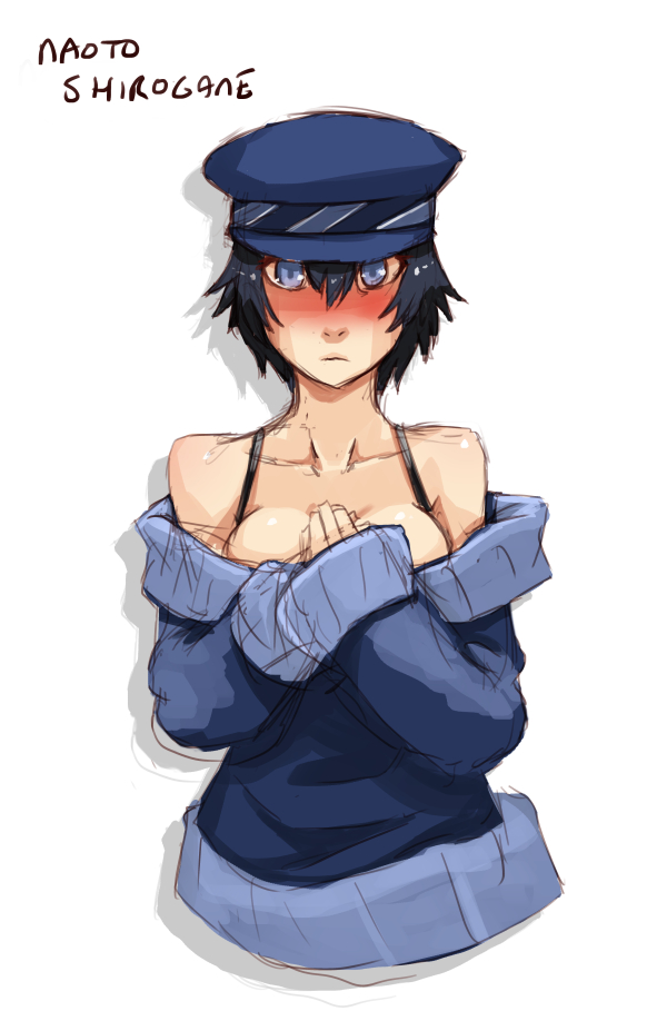 1girl bare_shoulders black_hair blue_eyes blush bra_strap breasts cabbie_hat character_name cleavage full-face_blush hat large_breasts off-shoulder_sweater persona persona_4 shirogane_naoto short_hair solo sweater upper_body whistle_frog