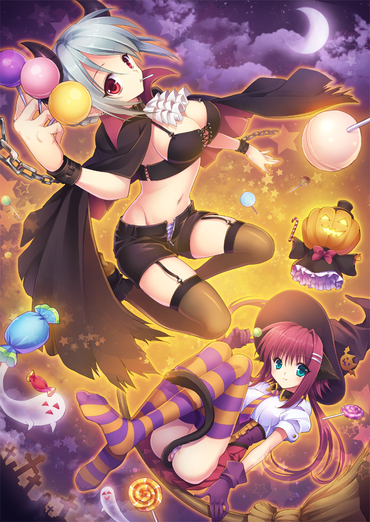 2girls broom broom_riding candy cape clouds cloudy_sky commentary_request crescent_moon garter_straps ghost groin halloween hat hino_(mooncalf+t) jack-o'-lantern lollipop looking_at_viewer moon multiple_girls navel original panties purple_gloves short_shorts shorts sky smile star striped striped_panties thigh-highs underwear unzipped witch_hat wrist_cuffs