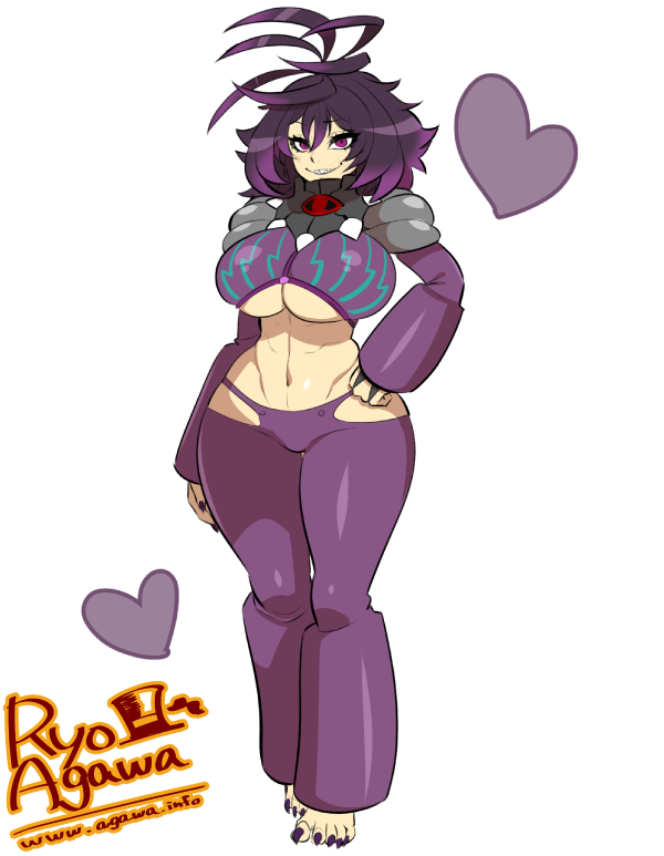 1girl agawa_ryou borrowed_character breasts desdemona_(tenk) grin hand_on_hip heart large_breasts looking_at_viewer navel original purple_hair short_hair simple_background smile solo thick_thighs thighs under_boob violet_eyes white_background wide_hips