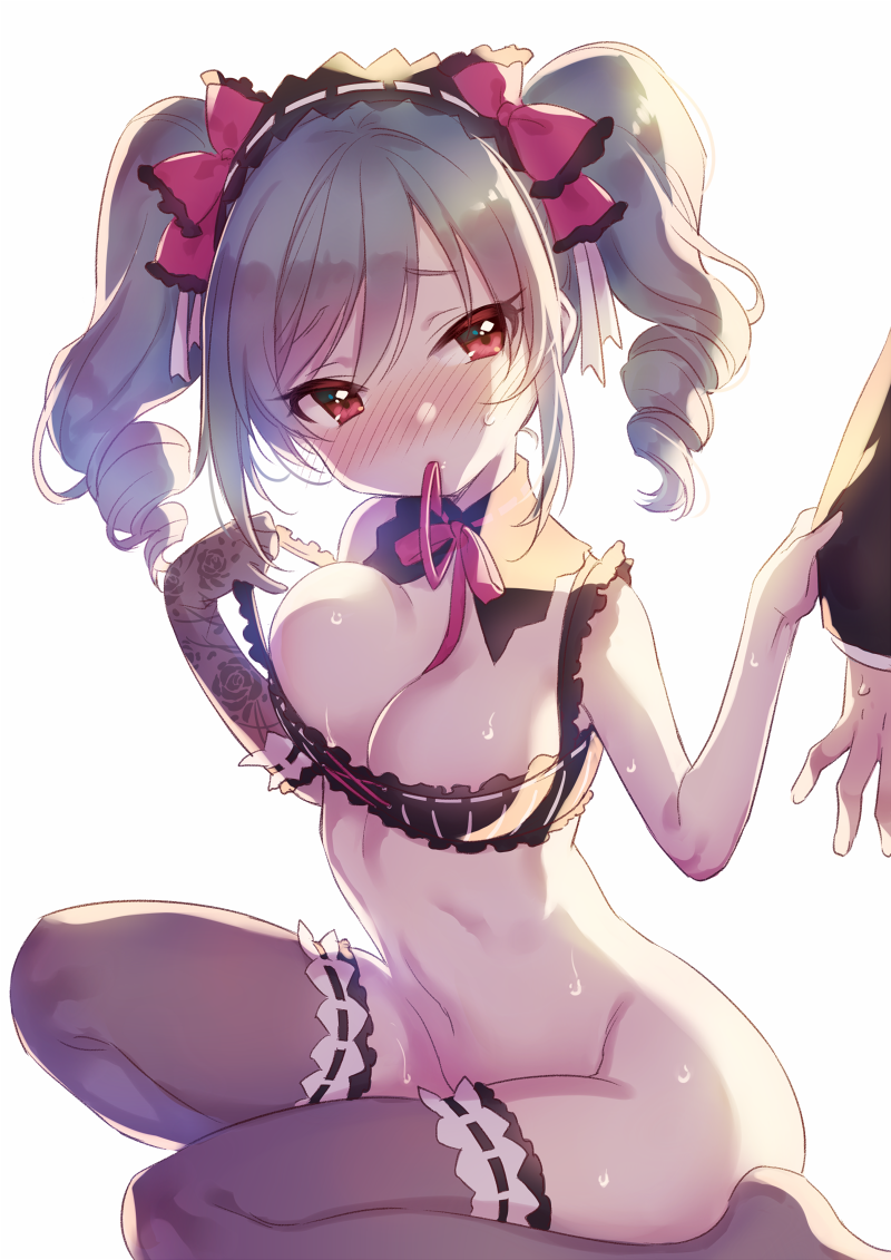 1girl bikini blush breasts cleavage drill_hair gloves idolmaster idolmaster_cinderella_girls kanzaki_ranko long_hair manle mouth_hold no_panties red_eyes silver_hair solo_focus swimsuit thigh-highs twin_drills twintails