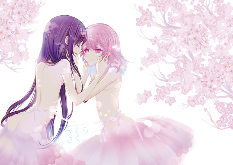 2girls akemi_homura alternate_hairstyle backlighting bare_back branch cherry_blossoms closed_eyes couple cover cover_page doujin_cover flower from_behind hair_down hands_on_another's_face kaname_madoka long_hair mahou_shoujo_madoka_magica multiple_girls petticoat pink_eyes pink_skirt purple_hair ribbon short_hair skirt smile suchara topless touching very_long_hair white_background white_ribbon yuri
