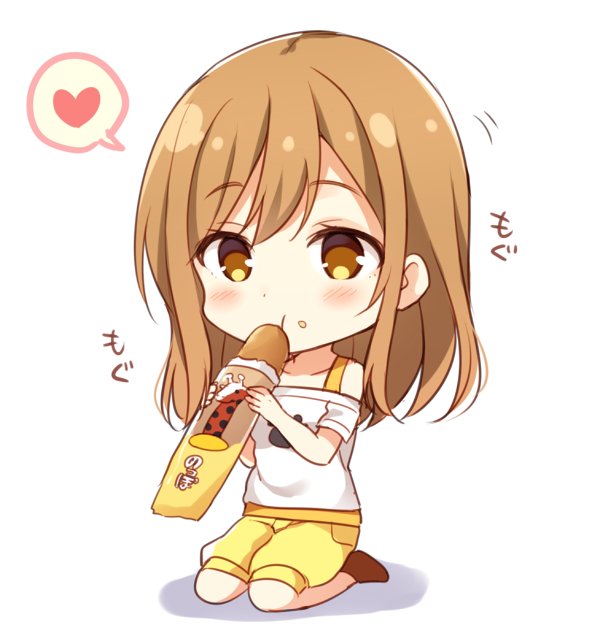 1girl bangs blush bread brown_eyes brown_hair chibi eating eyebrows_visible_through_hair food food_on_face heart holding holding_food kunikida_hanamaru long_hair love_live! love_live!_sunshine!! nagisa3710 seiza shoes short_sleeves shorts simple_background sitting solo spoken_heart white_background yellow_shorts