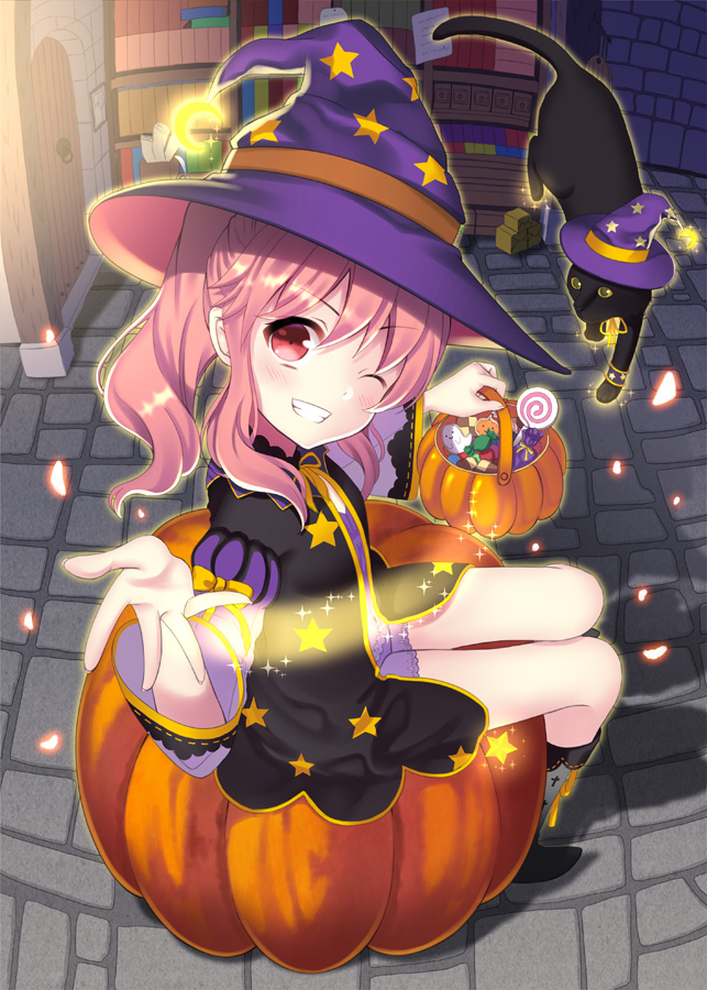 1girl bangs basket black_cat blush bookshelf box brick_floor candy cat crescent door dress grin halloween hat head_tilt long_sleeves mabinogi magic mari_gwydion one_eye_closed outstretched_hand pink_hair ponytail pumpkin red_eyes scroll sidelocks sitting smile solo star_print toujou_mina witch_hat