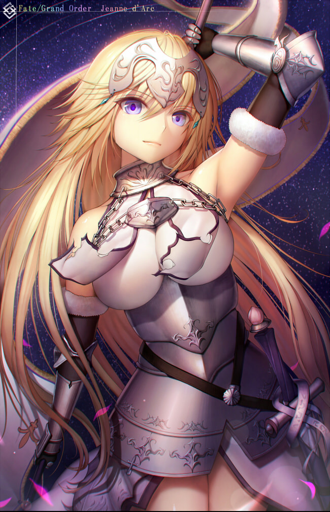 1girl arm_up armor armored_dress armpits bare_shoulders blonde_hair blue_eyes breasts dress fate/apocrypha fate/grand_order fate_(series) gauntlets headpiece hisahisahisahisa long_hair ruler_(fate/apocrypha) solo sword thigh-highs violet_eyes weapon