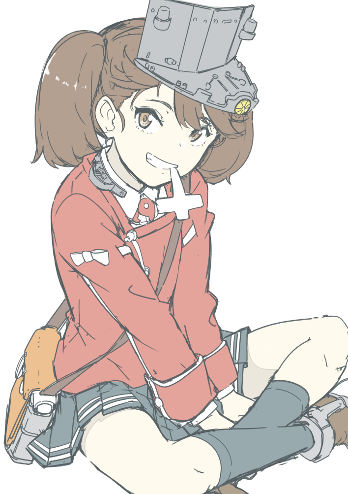 1girl bag bangs black_legwear brown_eyes brown_footwear brown_hair crossed_legs grey_skirt grin hat japanese_clothes kantai_collection kariginu kneehighs long_hair long_sleeves looking_at_viewer magatama mouth_hold ninimo_nimo pleated_skirt ryuujou_(kancolle) shikigami shoulder_bag simple_background sitting skirt smile solo twintails visor_cap white_background