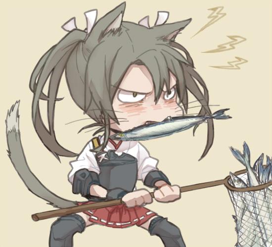 1girl angry animal_ears black_legwear blush cat_ears cat_tail commentary fangs fish fish_in_mouth fishing_net food_in_mouth kantai_collection kemonomimi_mode net ree_(re-19) sardine skirt sleeves_rolled_up solo tail thigh-highs twintails whiskers zuikaku_(kantai_collection)