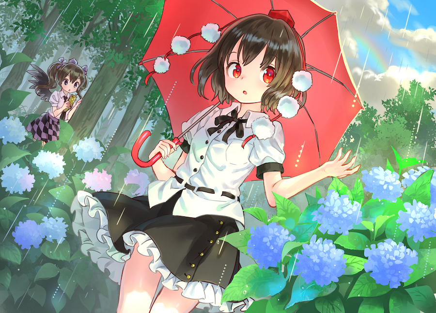 2girls ama-tou belt black_hair black_wings brown_hair cellphone checkered checkered_skirt clouds dutch_angle flower hat himekaidou_hatate hydrangea long_hair looking_at_another looking_to_the_side multiple_girls nature necktie open_mouth phone pom_pom_(clothes) puffy_sleeves rain rainbow red_eyes ribbon shameimaru_aya shirt short_hair short_sleeves skirt string tokin_hat touhou tree twintails umbrella wings