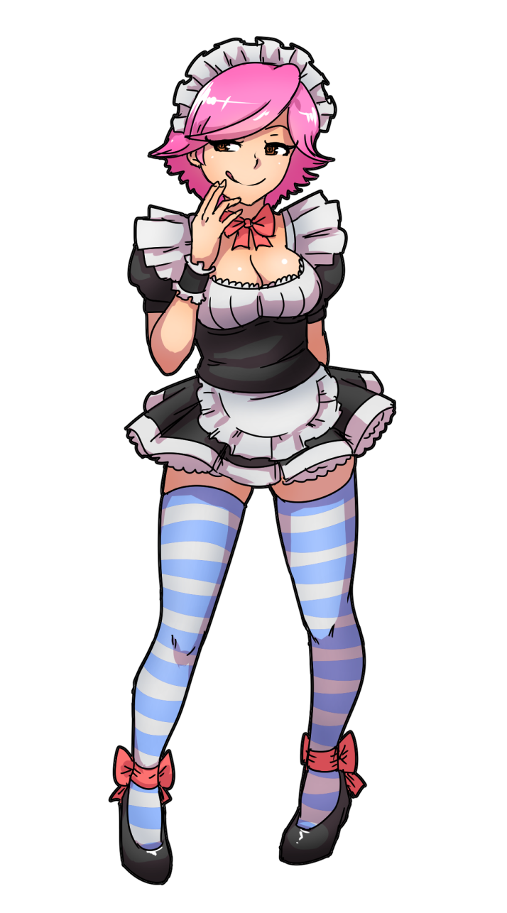 1girl akairiot alternate_costume apron arm_behind_back bangs black_dress black_shoes bow breasts brown_eyes cleavage doubutsu_no_mori dress enmaided eyeliner finger_to_mouth flipped_hair full_body highres legs_apart licking_lips looking_away looking_to_the_side maid maid_apron maid_headdress makeup naughty_face pigeon-toed pink_bow pink_hair puffy_short_sleeves puffy_sleeves shoes short_dress short_hair short_sleeves simple_background smile standing striped striped_legwear super_smash_bros. swept_bangs thigh-highs tongue tongue_out villager_(doubutsu_no_mori) waist_apron white_background wrist_cuffs zettai_ryouiki
