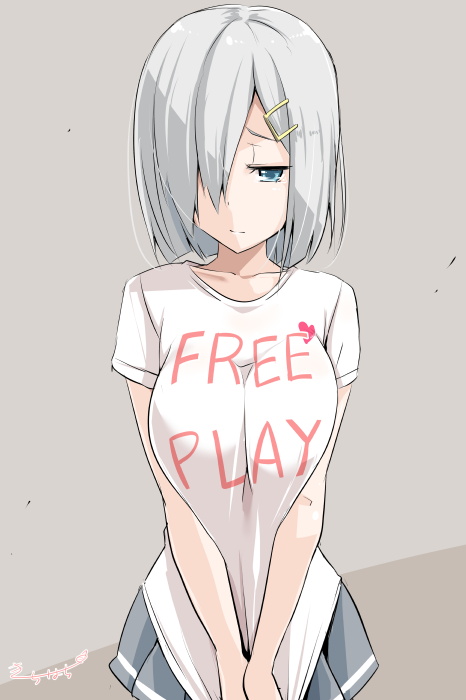 1girl blue_eyes breast_squeeze breasts clothes_writing english hair_ornament hair_over_one_eye hairclip hamakaze_(kantai_collection) kantai_collection kichi8 large_breasts looking_away pleated_skirt shirt_tug signature silver_hair skirt solo t-shirt tears