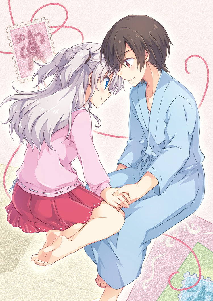 1boy 1girl barefoot black_hair blue_eyes charlotte_(anime) couple hetero kousetsu long_hair otosaka_yuu postage_stamp red_eyes robe silver_hair tomori_nao twintails two_side_up