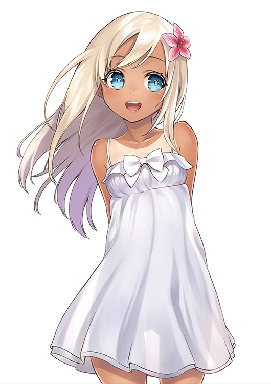 1girl :d alternate_costume arms_behind_back blonde_hair blue_eyes blush dress flower hair_flower hair_ornament kantai_collection kyon_(fuuran) long_hair open_mouth ro-500_(kantai_collection) see-through_silhouette simple_background smile solo sundress tan tanline white_background