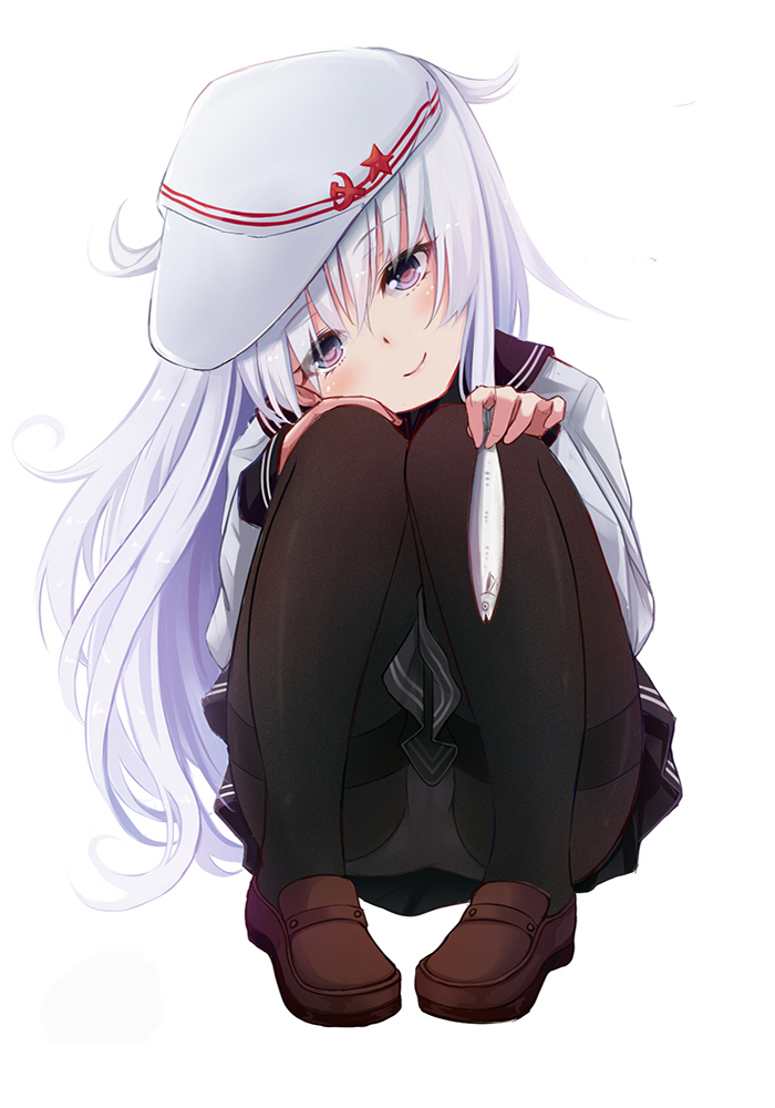 1girl black_legwear blue_eyes blush commentary_request fish hammer_and_sickle hat hibiki_(kantai_collection) kantai_collection long_hair looking_at_viewer messy_hair panties panties_under_pantyhose pantyhose pantyshot pantyshot_(squatting) qunqing saury school_uniform serafuku silver_hair skirt smile solo squatting star thighband_pantyhose underwear verniy_(kantai_collection) white_hair