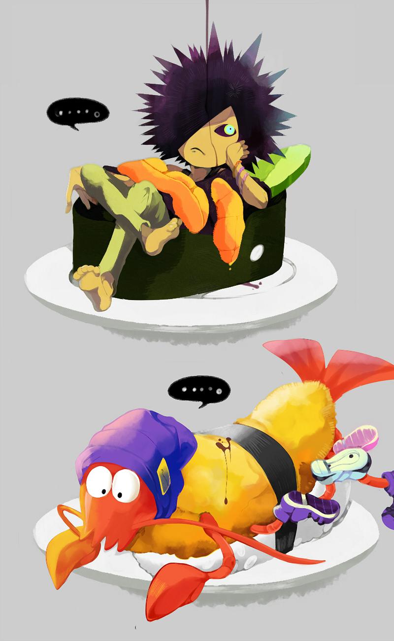 2boys bangle beanie black_sclera bracelet claws dark_skin daunii_(splatoon) extra_legs food green_eyes grey_background hair_over_one_eye hat highres jewelry multiple_boys plate reticulum rob_(splatoon) shoes shrimp shrimp_tempura simple_background sneakers spiky_hair splatoon sushi tempura