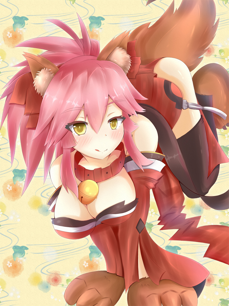 1girl animal_ears bare_shoulders bell bell_collar blush breasts caster_(fate/extra) cleavage collar fang fate/extra fate/grand_order fate_(series) fox_ears fox_tail hair_ribbon japanese_clothes large_breasts looking_at_viewer pink_hair ribbon solo tail tamamo_cat_(fate/grand_order) thigh-highs tongue tongue_out v_arms yellow_eyes
