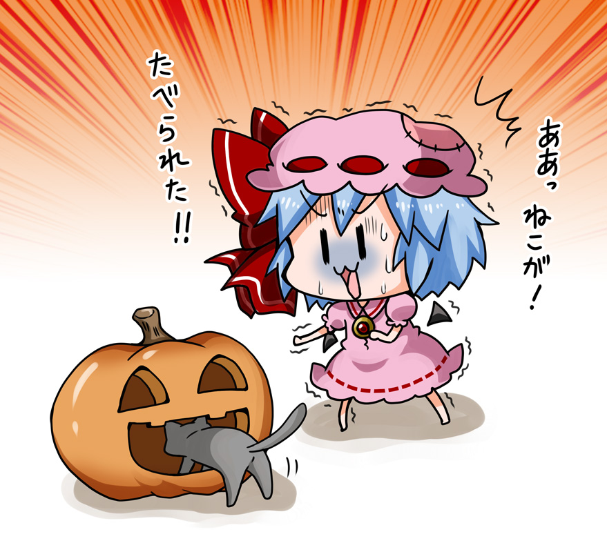 /\/\/\ 1girl :3 bat_wings blue_hair bow brooch cat chibi commentary detached_wings dress halloween hat hat_bow jewelry mob_cap noai_nioshi open_mouth patch puffy_short_sleeves puffy_sleeves pumpkin red_bow remilia_scarlet short_hair short_sleeves solo sweat touhou translated trembling turn_pale wings |_|