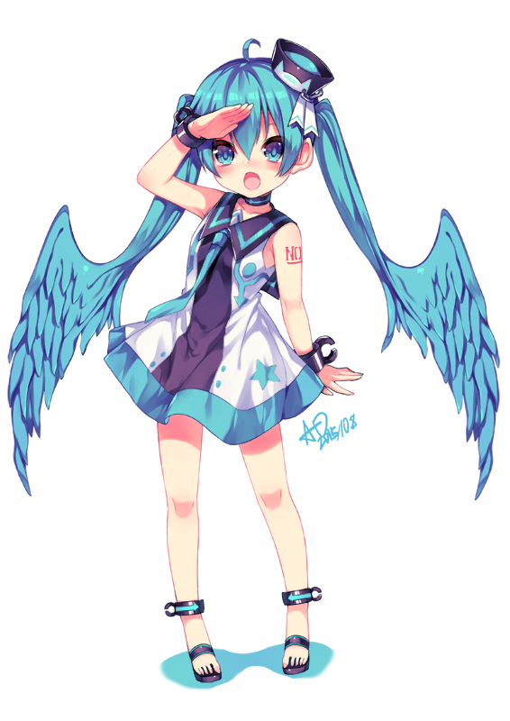 1girl 2015 aqua_eyes aqua_hair dated hat hatsune_miku head_wings long_hair open_mouth sailor_dress salute sandals simple_background solo twintails utm very_long_hair vocaloid white_background