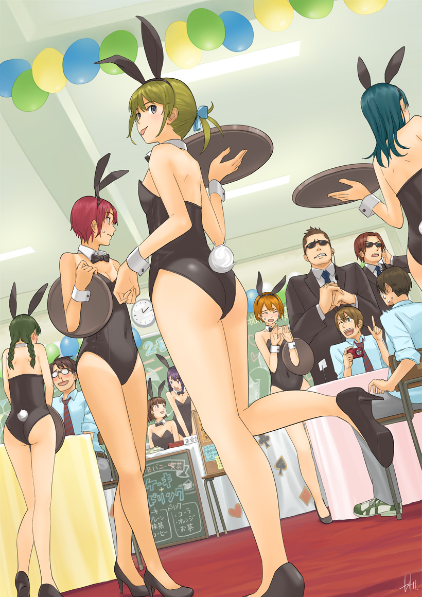 5boys 6+girls :p analog_clock animal_ears ass back balloon bangs bare_legs bare_shoulders black_jacket black_shoes blood blue_hair blue_shirt blunt_bangs blush bob_cut bodyguard braid breasts brown_hair bunny_girl bunny_tail bunnysuit camera ceiling_light chair chalkboard cleavage clenched_hand clenched_teeth clock coftof cosplay_cafe covered_navel detached_collar dutch_angle earpiece fake_animal_ears female fist_in_hand formal from_below glasses green_hair grey_eyes hairband high_heels holding_camera holding_tray index_finger_raised indoors jacket leotard long_hair looking_at_another looking_back multiple_boys multiple_girls nape necktie no_socks nosebleed open_mouth original pants playing_card_theme purple_hair rabbit_ears redhead shirt shoes short_hair short_ponytail signature sitting smile sneakers standing standing_on_one_leg striped striped_necktie suit sunglasses sweatdrop table tablecloth tail talking tongue tongue_out tray twin_braids v_arms wrist_cuffs