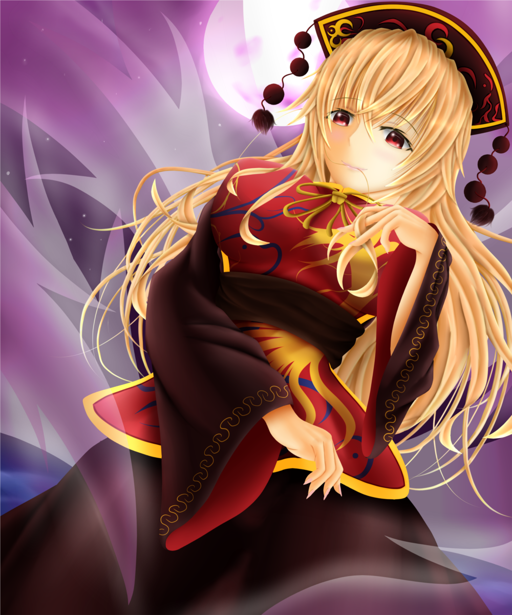 1girl aki_(83231041) black_dress blonde_hair breasts chinese_clothes dress energy fox_tail full_moon hair_in_mouth hat highres junko_(touhou) large_breasts long_sleeves looking_down moon multiple_tails obi perspective playing_with_own_hair purple_moon red_eyes sash solo star_(sky) tabard tail touhou wide_sleeves