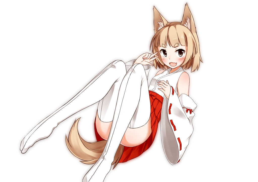 1girl :3 animal_ears bare_shoulders blush brown_eyes choco_flex detached_sleeves eyebrows fang hakama_skirt japanese_clothes light_brown_hair miko open_mouth original ribbon-trimmed_sleeves ribbon_trim short_hair smile solo tabi tail thigh-highs w white_legwear wolf_ears wolf_tail