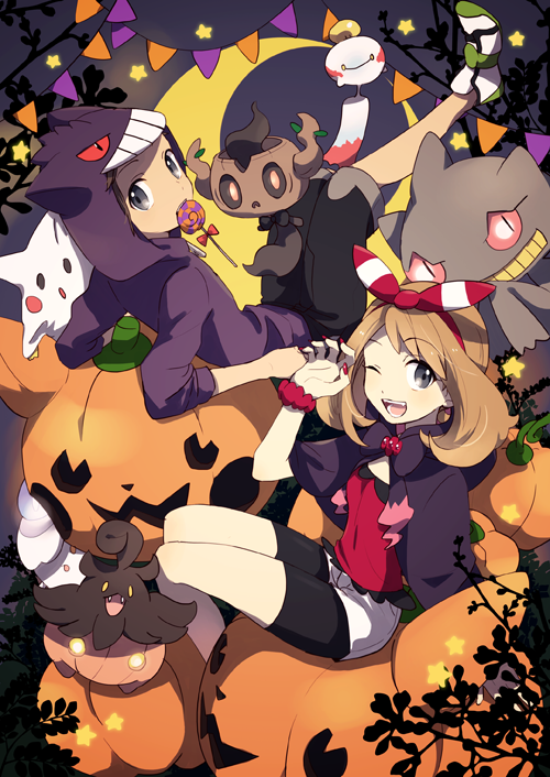 1boy 1girl alternate_costume banette bike_shorts blue_eyes brown_hair chimecho cloak crescent_moon gengar gengar_(cosplay) ghost_costume hair_ribbon halloween halloween_costume haruka_(pokemon) haruka_(pokemon)_(remake) jack-o'-lantern looking_at_viewer moon nail_polish night niimura_(csnel) one_eye_closed outdoors phantump pikachu_(cameo) pokemon pokemon_(creature) pokemon_(game) pokemon_oras pumpkaboo pumpkin ribbon short_hair short_shorts shorts two_side_up yuuki_(pokemon) yuuki_(pokemon)_(remake)