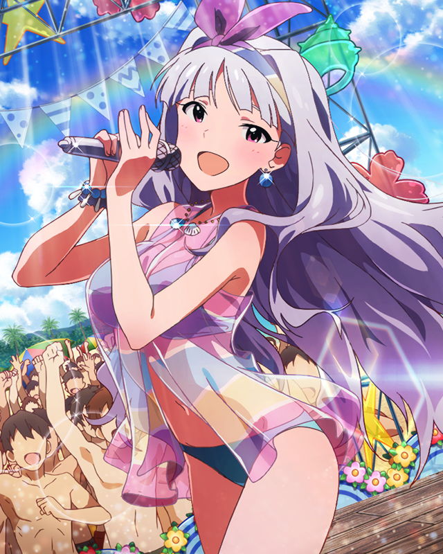 1girl :d artist_request audience bikini bow bracelet clouds earrings hair_bow hairband idolmaster idolmaster_million_live! jewelry jpeg_artifacts lens_flare long_hair looking_at_viewer microphone navel necklace official_art open_mouth rainbow red_eyes see-through shijou_takane silver_hair singing sky smile solo swimsuit wireless