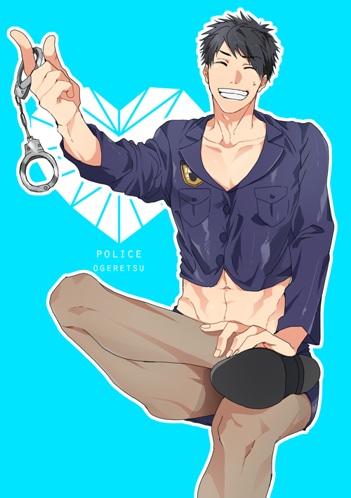 1boy artist_request black_hair blue_background closed_eyes crop_top crossed_legs cuffs english handcuffs heart male_focus muscle original police police_uniform simple_background sitting smile solo sweatdrop uniform