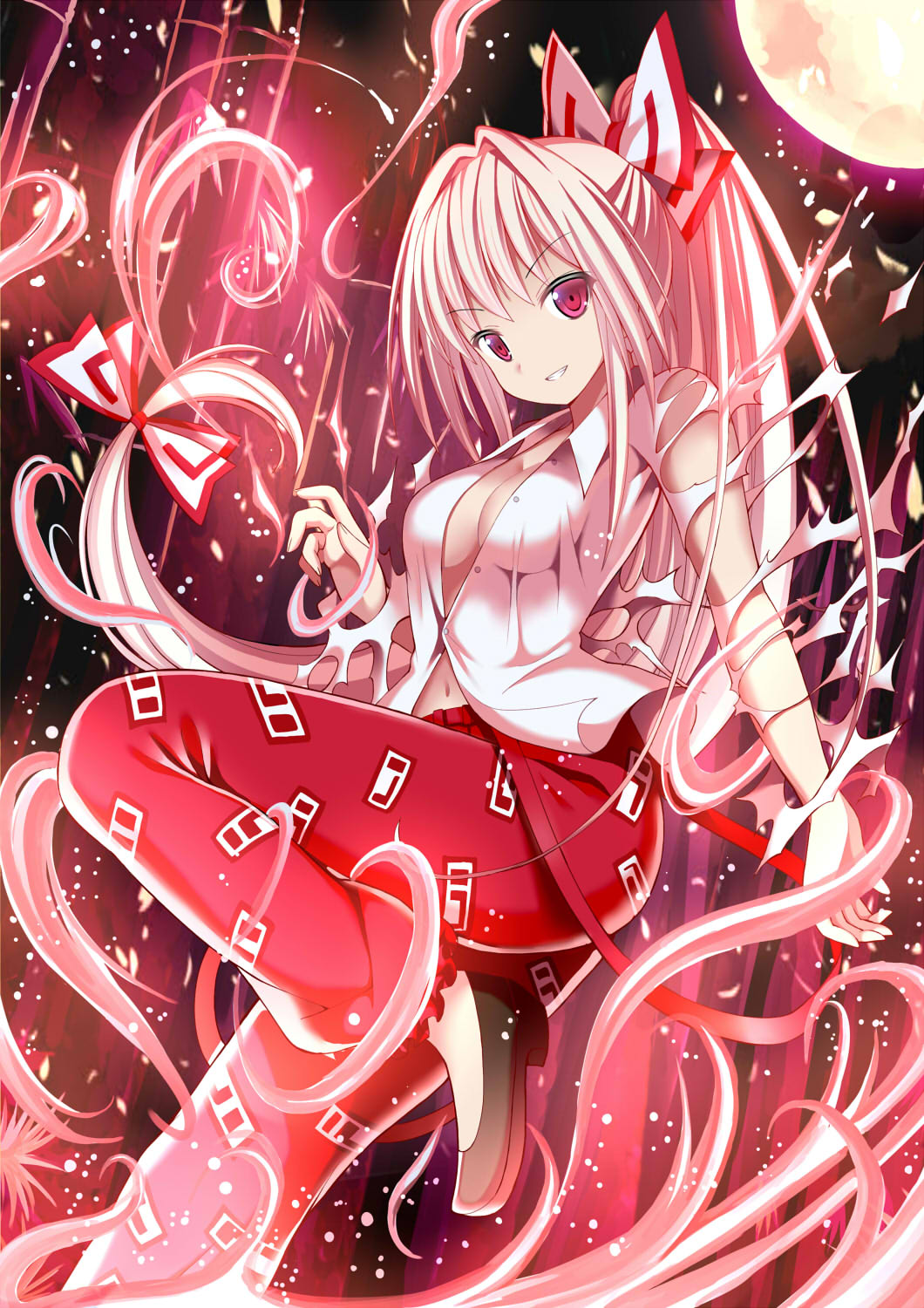 1girl bamboo bamboo_forest bow breasts flame forest fujiwara_no_mokou full_moon givuchoko hair_bow highres large_breasts long_hair looking_at_viewer moon nature night no_bra open_clothes open_shirt pants pink_eyes ponytail shirt silver_hair sky smile solo suspenders suspenders_pull torn_clothes torn_sleeves touhou very_long_hair