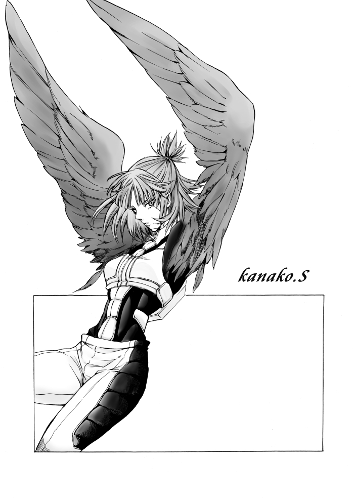 1girl character_name feathers long_hair maki_(motimaki) monochrome sanjou_kanako solo terra_formars uniform wings