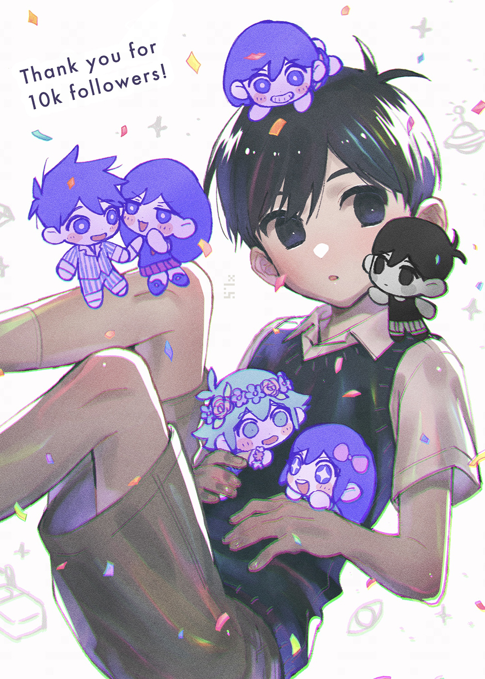 +_+ 2girls 5boys :o antenna_hair aqua_hair aubrey_(headspace)_(omori) aubrey_(omori) basil_(headspace)_(omori) basil_(omori) black_eyes black_hair black_vest blush bow bright_pupils brown_shorts carrying carrying_multiple_people carrying_person chibi child chromatic_aberration collared_shirt commentary_request confetti dual_persona feet_out_of_frame floating flower_wreath from_side grin hair_bow hands_on_own_stomach head_wreath hero_(headspace)_(omori) hero_(omori) highres kel_(headspace)_(omori) kel_(omori) knees_up mari_(headspace)_(omori) mari_(omori) mini_person miniboy minigirl multiple_boys multiple_girls omori omori_(omori) on_head on_shoulder open_mouth person_on_head person_on_shoulder purple_hair shirt short_hair short_sleeves shorts simple_background smile sunny_(omori) thank_you toastytoast vest violet_eyes white_background white_pupils white_shirt