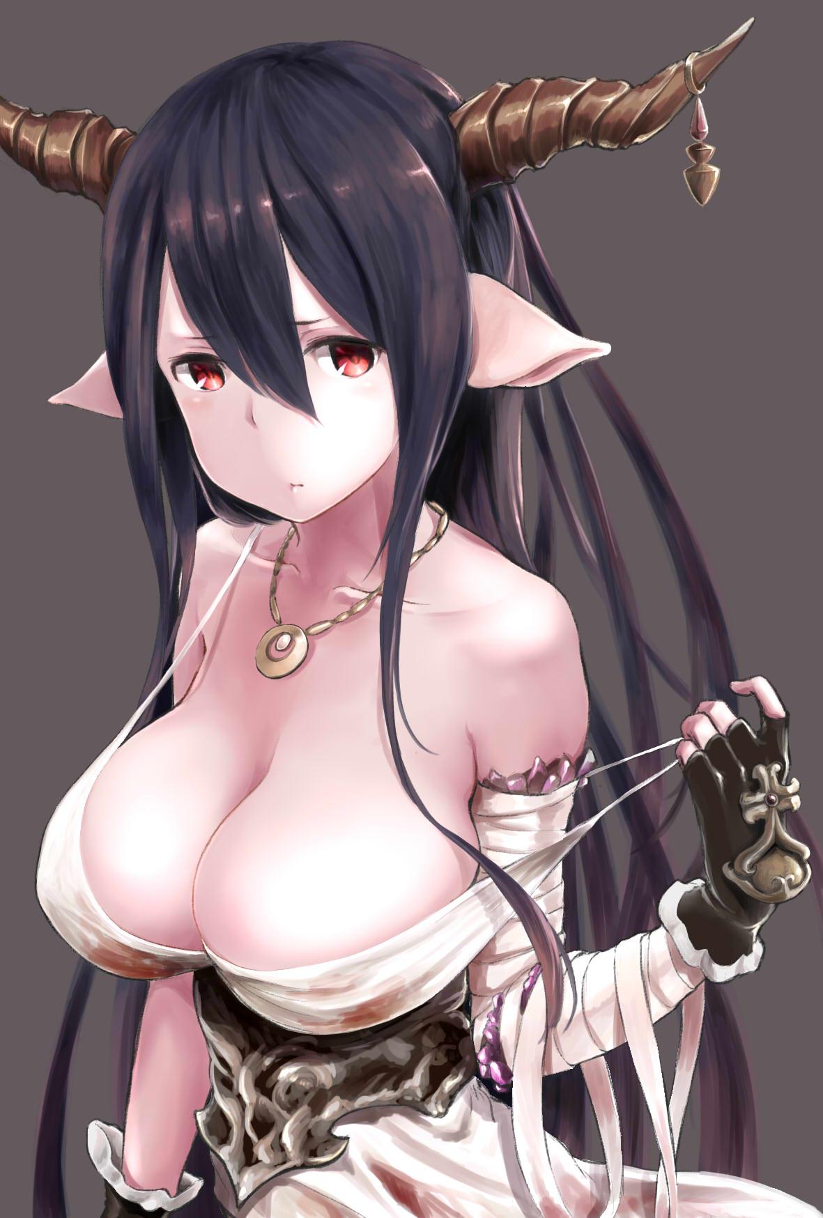 1girl antenna_hair bandages black_hair breasts cleavage danua fingerless_gloves gloves granblue_fantasy hair_between_eyes highres horn_ornament horns jewelry large_breasts long_hair looking_at_viewer necklace pointy_ears red_eyes solo strap_gap wa_(genryusui)