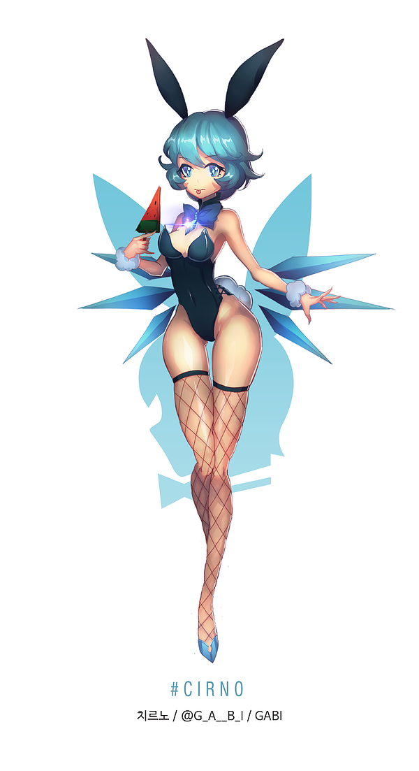 1girl animal_ears artist_name blue_eyes blue_hair bowtie bunny_tail bunnysuit character_name cirno detached_collar fishnet_legwear fishnets food fruit full_body gabi_(g_a__b_i) gem ice ice_wings looking_at_viewer rabbit_ears shoes short_hair solo sparkle tail thigh-highs tongue tongue_out touhou watermelon white_background wings wrist_cuffs