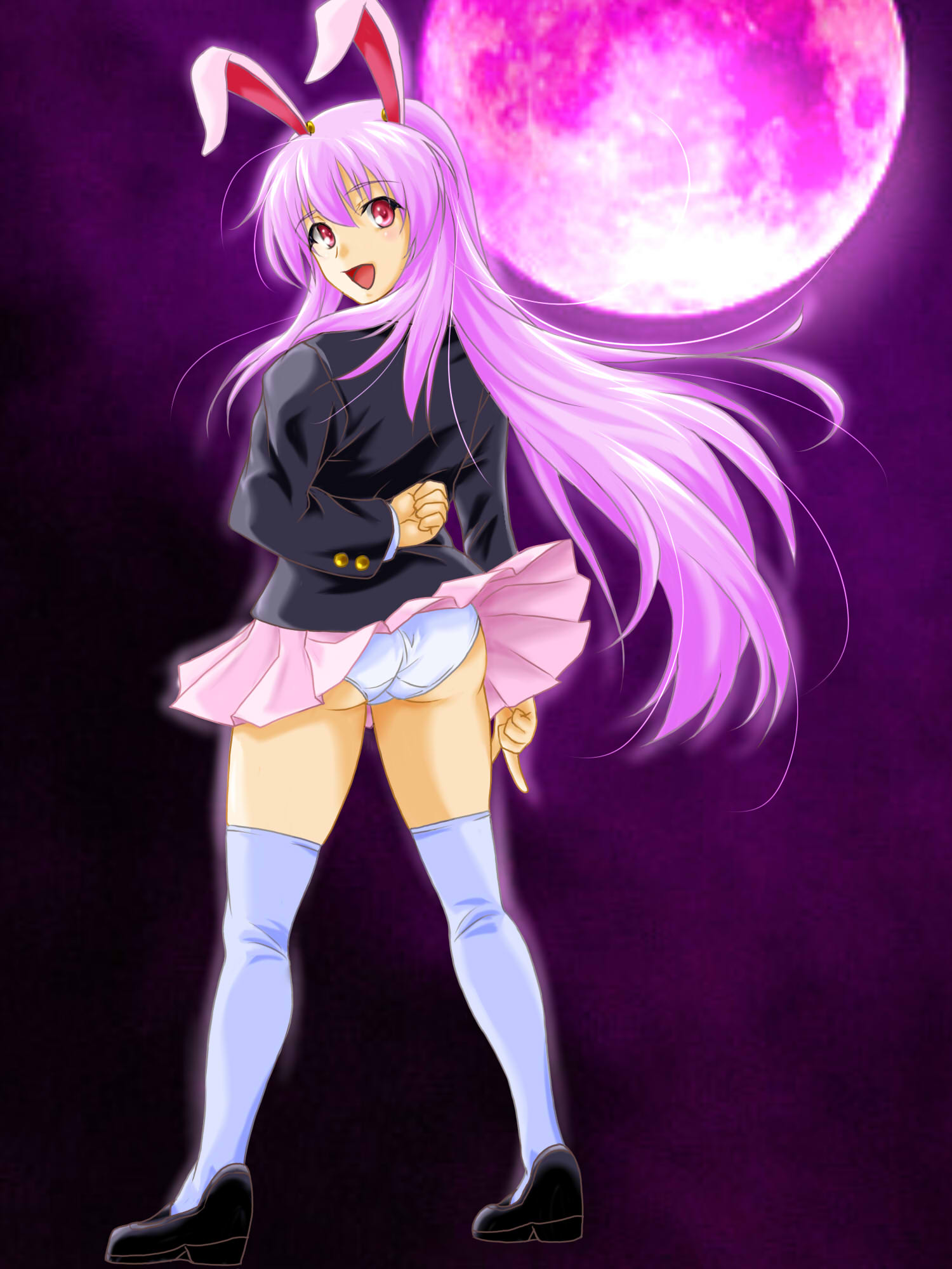 1girl animal_ears arm_behind_back ass blazer blush dress_shirt from_behind highres kattsan_(ninjaform00) loafers long_hair looking_at_viewer looking_back miniskirt moon open_mouth panties pantyshot pantyshot_(standing) pleated_skirt pointing pointing_down purple_hair purple_moon rabbit_ears red_eyes reisen_udongein_inaba shirt shoes skirt smile solo standing thigh-highs touhou underwear very_long_hair white_legwear white_shirt wind_lift