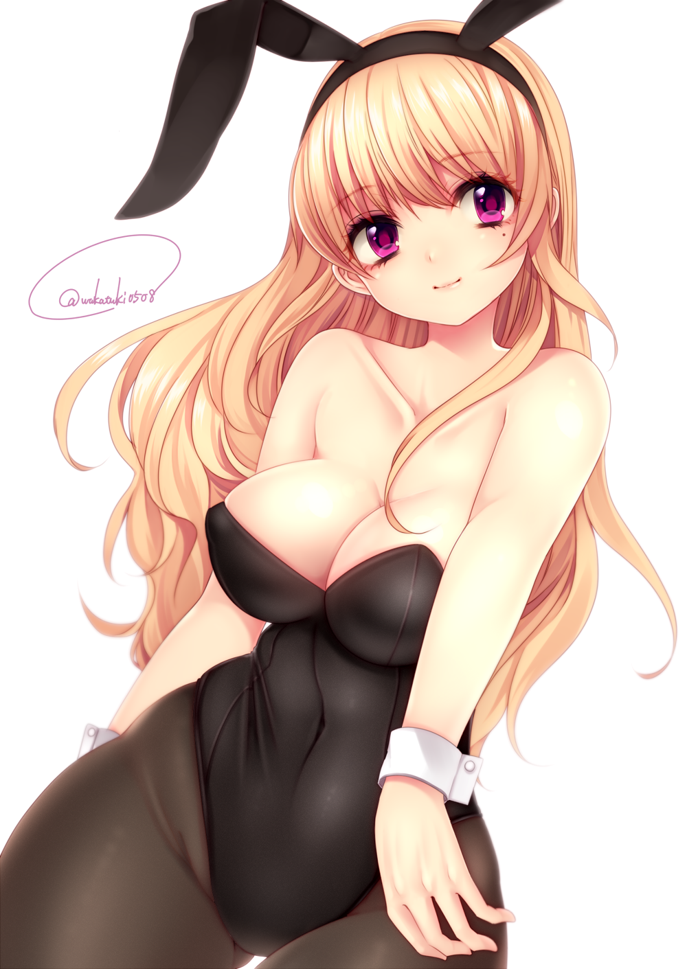 1girl ah animal_ears bangs bare_shoulders blonde_hair breasts bunnysuit cleavage closed_mouth covered_navel fake_animal_ears hairband highres large_breasts leotard long_hair looking_to_the_side mole mole_under_eye original pantyhose rabbit_ears simple_background sleeveless smile solo text thigh_gap twitter_username very_long_hair violet_eyes wakatsuki_you white_background wrist_cuffs