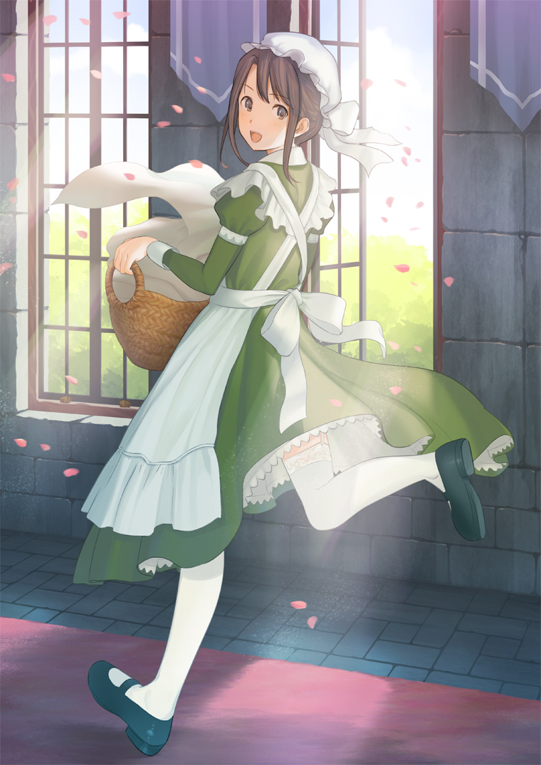 1girl :d apron bangs banner basket black_shoes brown_eyes brown_hair carpet coftof dress female from_behind full_body green_dress hat holding indoors juliet_sleeves laundry laundry_basket light_rays long_sleeves looking_at_viewer looking_back maid maid_cap mary_janes mob_cap moe2015 open_mouth open_window original petals petticoat puffy_sleeves running shoes short_hair sidelocks smile solo stone_wall sunbeam sunlight thigh-highs wall white_legwear window