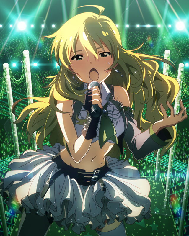 1girl ahoge artist_request bare_shoulders blonde_hair blush crop_top earrings fingerless_gloves gloves green_eyes hoshii_miki idolmaster idolmaster_million_live! jewelry long_hair looking_at_viewer microphone midriff navel official_art open_mouth skirt wireless
