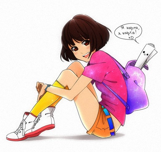 1girl aconitea backpack_(dora_the_explorer) bad_id blush bracelet brown_eyes brown_hair dora_marquez dora_the_explorer jewelry kneehighs leg_hug map_(dora_the_explorer) older pink_shirt shirt shoes short_hair shorts smile white_background yellow_legwear