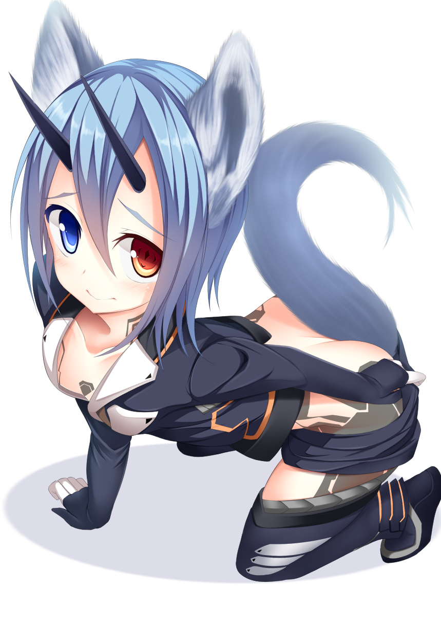 1girl animal_ears blue_hair heterochromia highres horns io_(pso2) looking_at_viewer phantasy_star phantasy_star_online_2 short_hair shorts shorts_pull solo sukage tail tattoo thigh-highs