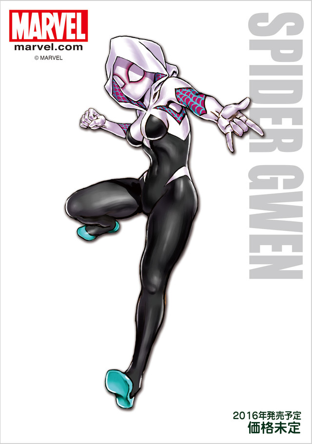1girl \m/ bodysuit border breasts character_name clenched_hand company_name covered_navel dated fighting_stance full_body gloves hood impossible_bodysuit impossible_clothes legs_apart logo looking_at_viewer marvel mask official_art one_leg_raised outstretched_arm simple_background spider-gwen spider_web_print superhero thighs watermark web_address white_background yamashita_shun'ya
